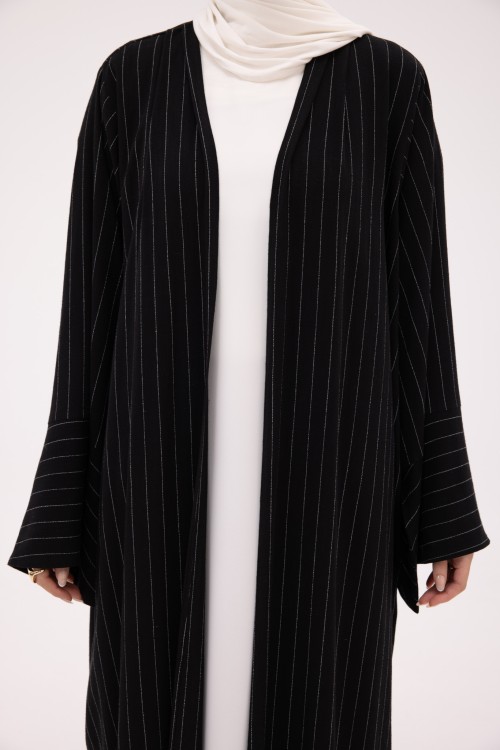 Abaya Déborah en Lin blanc rayé noir