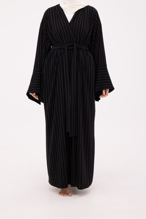 Abaya Déborah en Lin blanc rayé noir