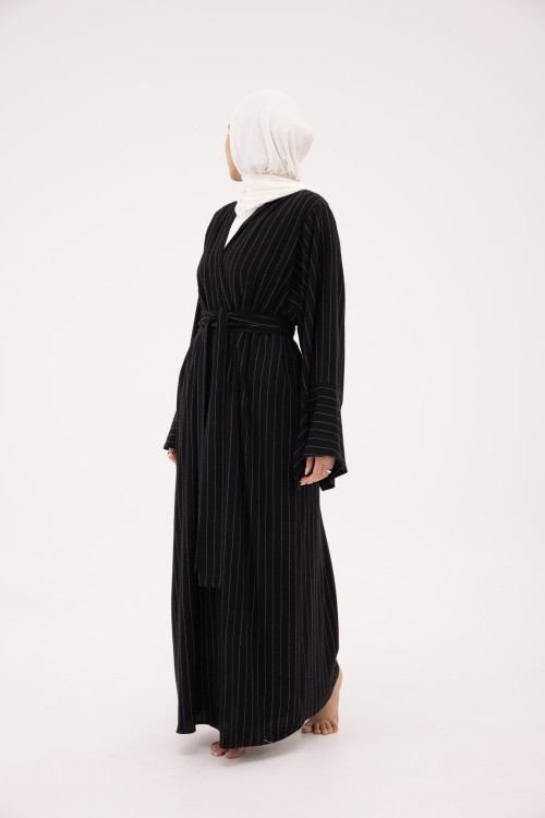Abaya Déborah en Lin blanc rayé noir