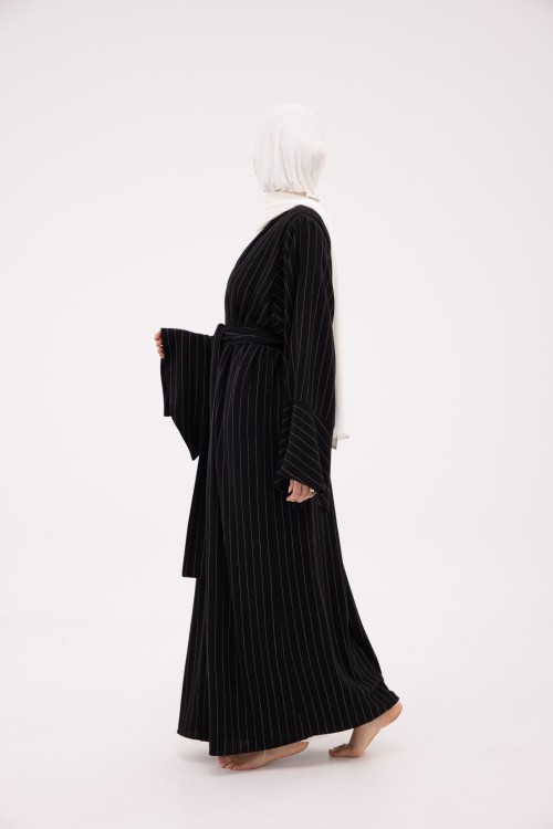 Abaya Déborah en Lin blanc rayé noir