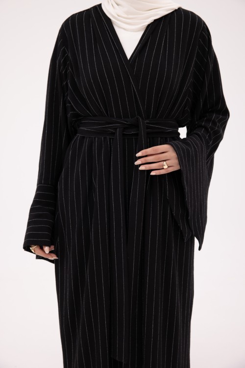 Abaya Déborah en Lin blanc rayé noir