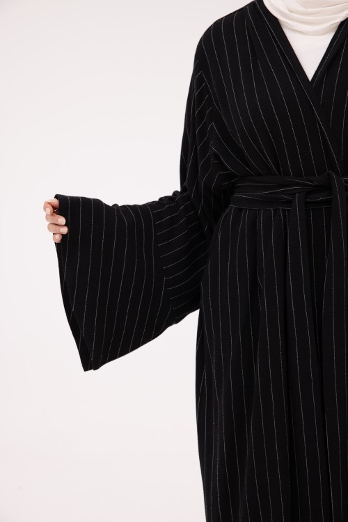 Abaya Déborah en Lin blanc rayé noir
