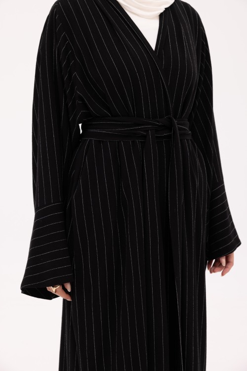 Abaya Déborah en Lin blanc rayé noir