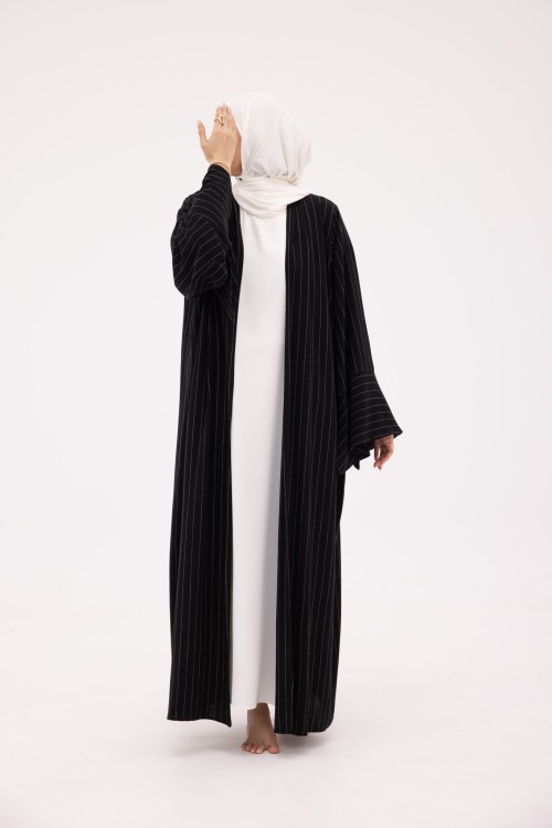 Abaya Déborah en Lin blanc rayé noir