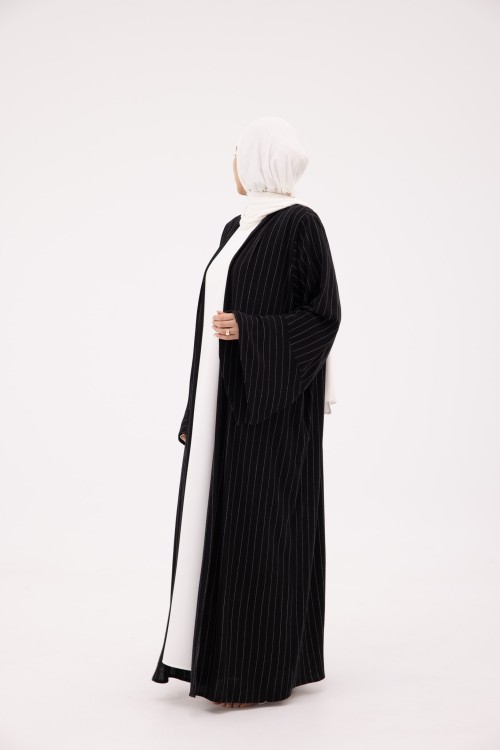 Abaya Déborah en Lin blanc rayé noir