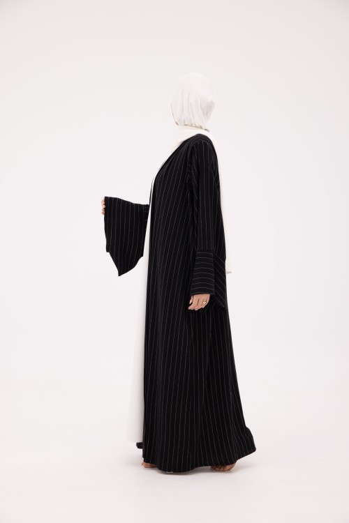 Abaya Déborah en Lin blanc rayé noir
