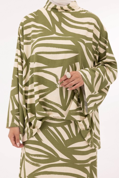 Ensemble Pauline en lin imprimé olive