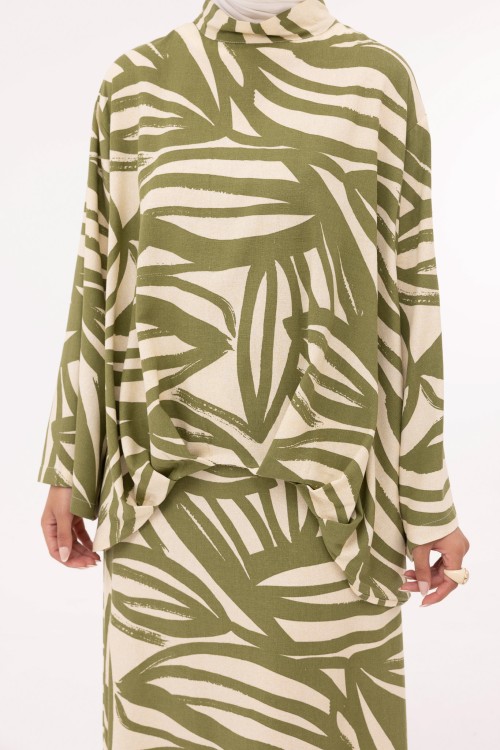 Ensemble Pauline en lin imprimé olive