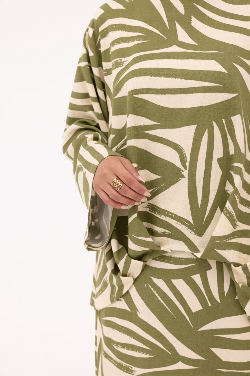Ensemble Pauline en lin imprimé olive