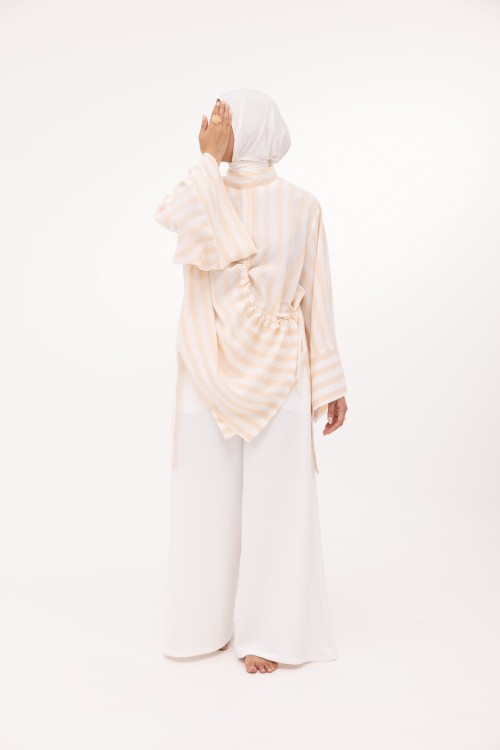 Ensemble Eleana en lin rayé saumon