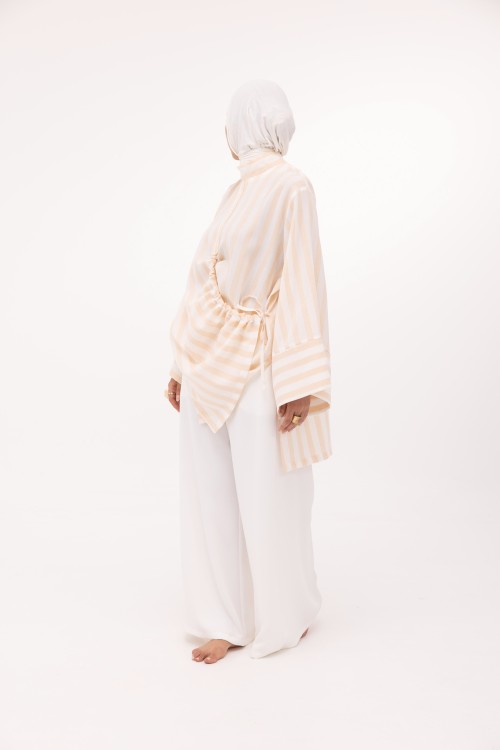 Ensemble Eleana en lin rayé saumon
