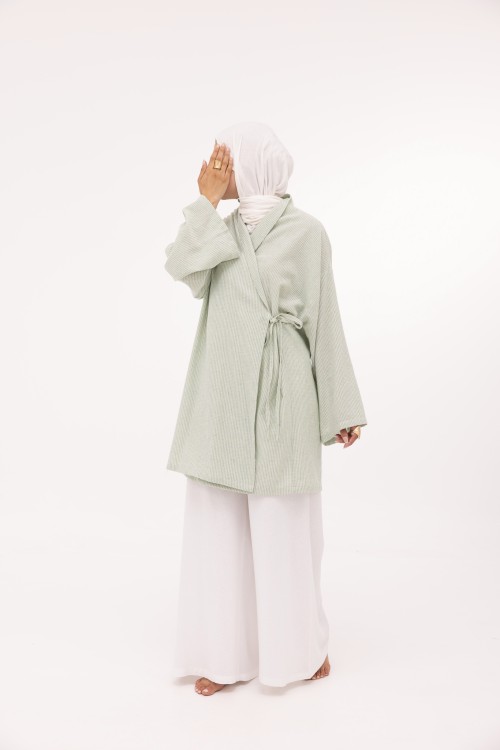 Ensemble Lary en lin rayé vert