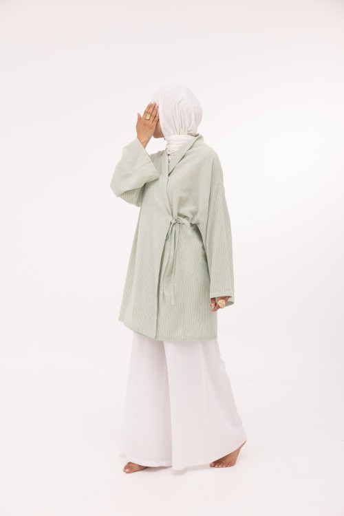 Ensemble Lary en lin rayé vert
