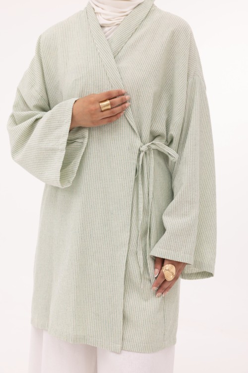 Ensemble Lary en lin rayé vert