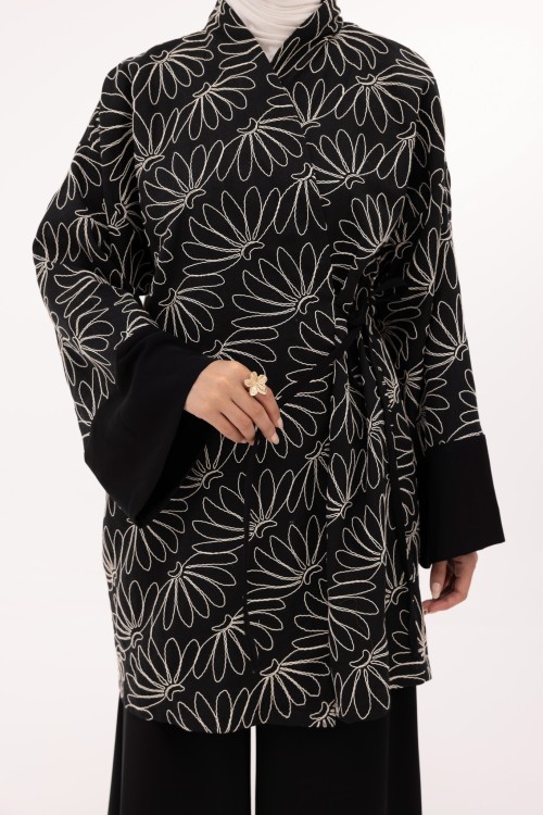 Ensemble Lary en lin noir brodé
