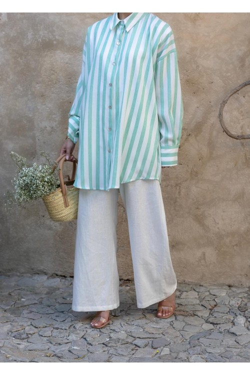 Chemise rayée en lin vert
