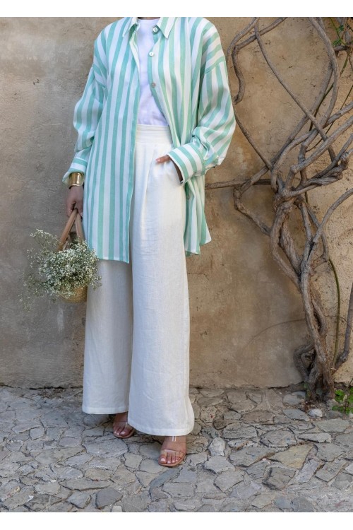 Chemise rayée en lin vert
