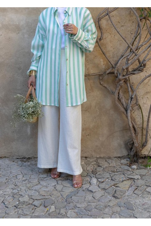 Chemise rayée en lin vert