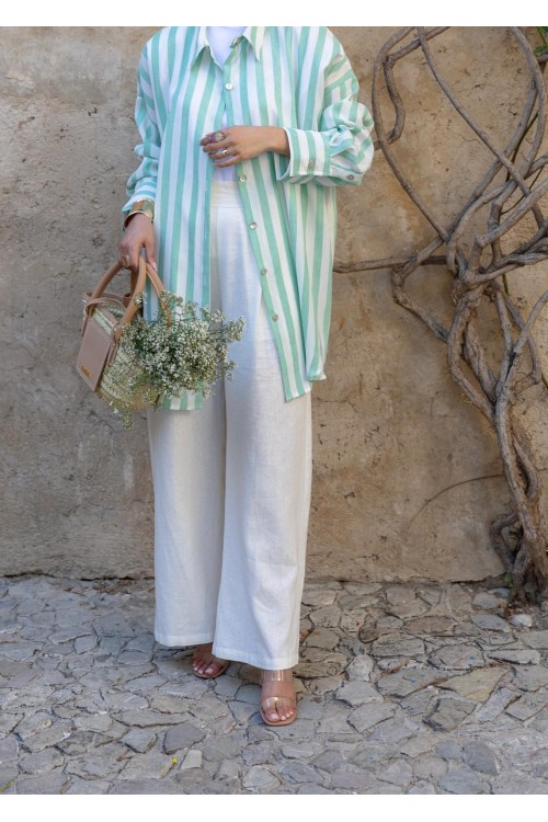 Chemise rayée en lin vert