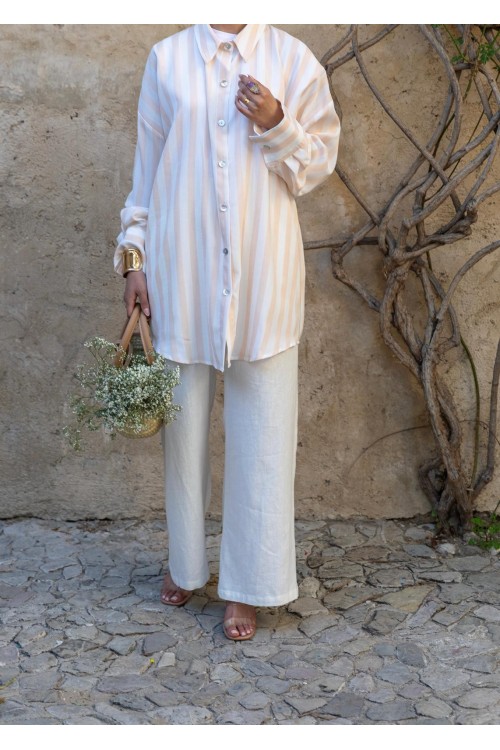 Chemise rayée en lin saumon