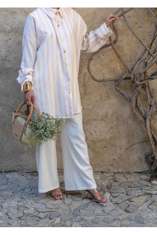 Chemise rayée en lin saumon