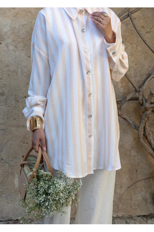Chemise rayée en lin saumon