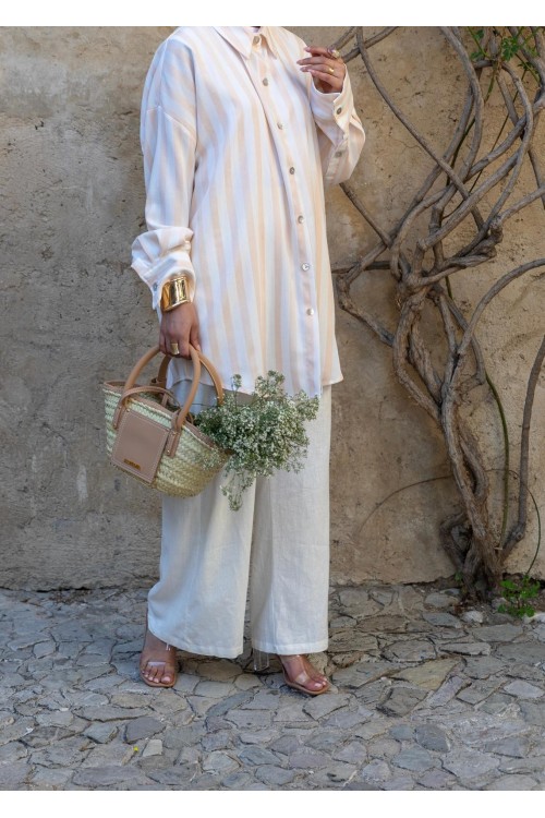 Chemise rayée en lin saumon