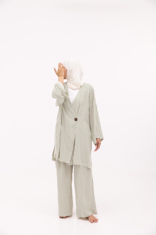 Ensemble Laha En lin rayé olive