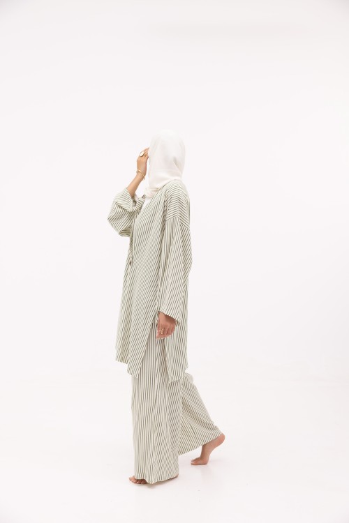 Ensemble Laha En lin rayé olive