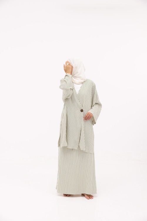 Ensemble Laha En lin rayé olive