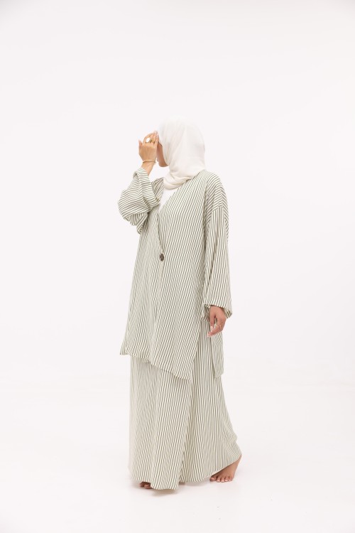 Ensemble Laha En lin rayé olive