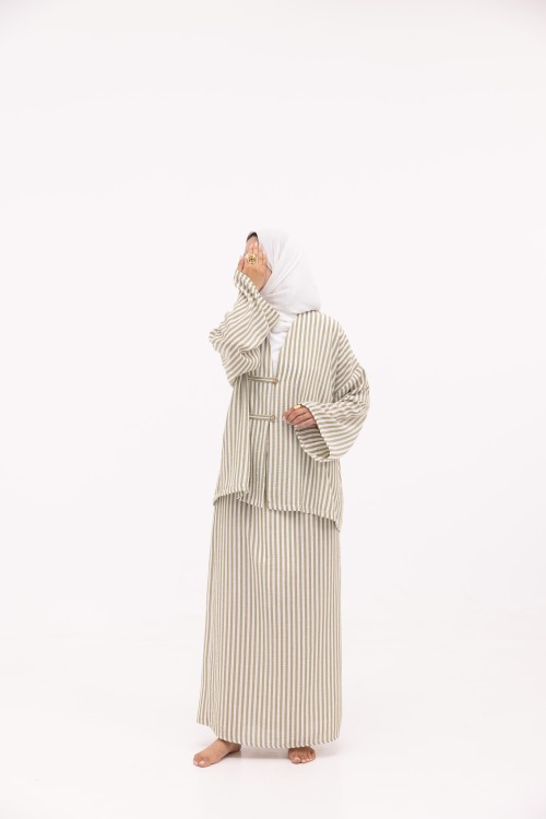 Ensemble Olivia en lin rayé olive