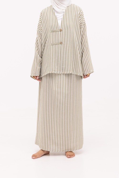Ensemble Olivia en lin rayé olive