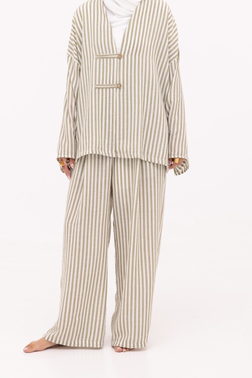 Ensemble Olivia en lin rayé olive