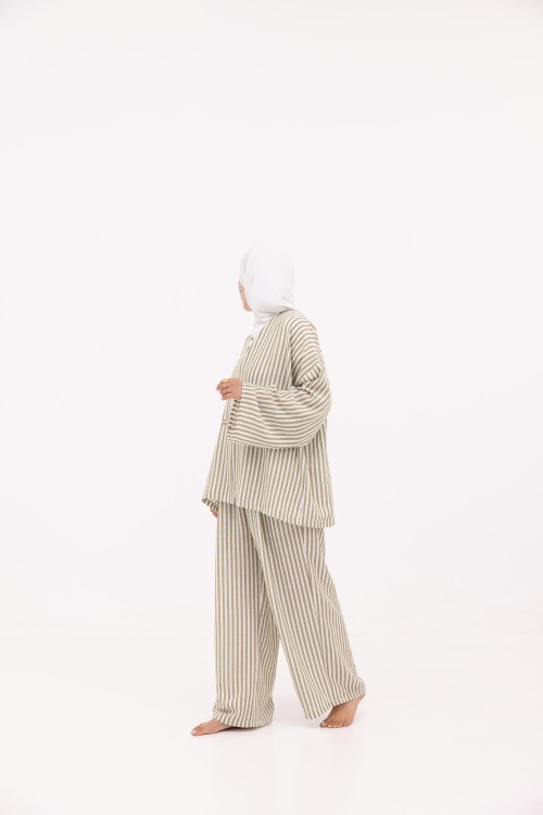 Ensemble Olivia en lin rayé olive