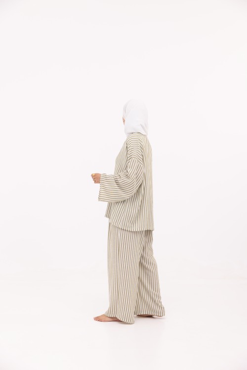 Ensemble Olivia en lin rayé olive