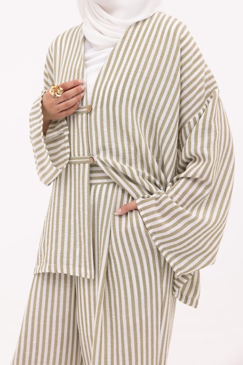 Ensemble Olivia en lin rayé olive